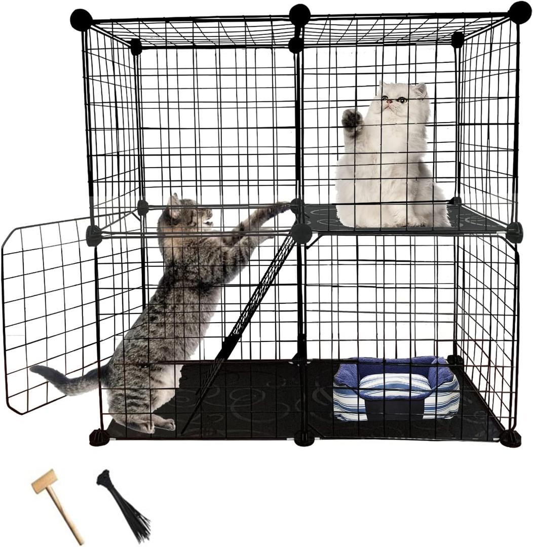2 Tier Cat Cage Indoor,Removable Metal Kitten Cages Detachable Ferret Playpen Portable DIY Small Animals Collapsible House for Cats Bunny Puppies Guinea Pig Rabbit Hedgehog Rat(Black)