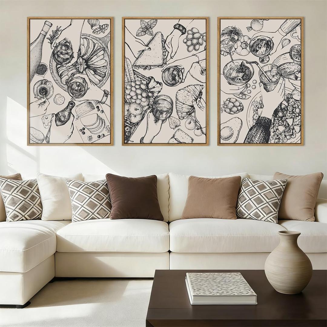 BINCUE Framed Food Canvas Wall Art Funny Kitchen Art Modern Cheers Kitchen Paintings Friends Party Art Print Black and White Pictutres for Dining Room Living Room 16x24 Inch Set of 3