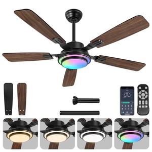 OUTON 52" Ceiling Fan with Light, Remote & APP Control, Low Profile RGB Ceiling Fans Light, Reversible, 6 Speeds, 3000-6500K Stepless Dimming, Modern Ceiling Fan for Bedroom Indoor/Outdoor Use Walnut