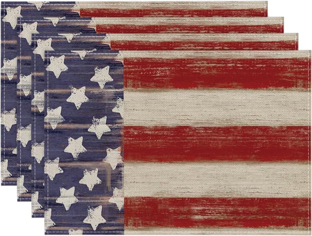 Artoid Mode American Star and Stripes 4th of July Placemats Set of 4, 12x18 Inch Patriotic Memorial Day Table Mats for Party Kitchen Dining Decoration
