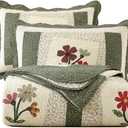 Vctops Farmhouse Green 3 Piece Embroidered Floral Quilted Bedspread Quilt Set 100% Cotton Reversible Patchwork Coverlet Set 1 Quilt and 2 Pillow Shams (Green,Queen)