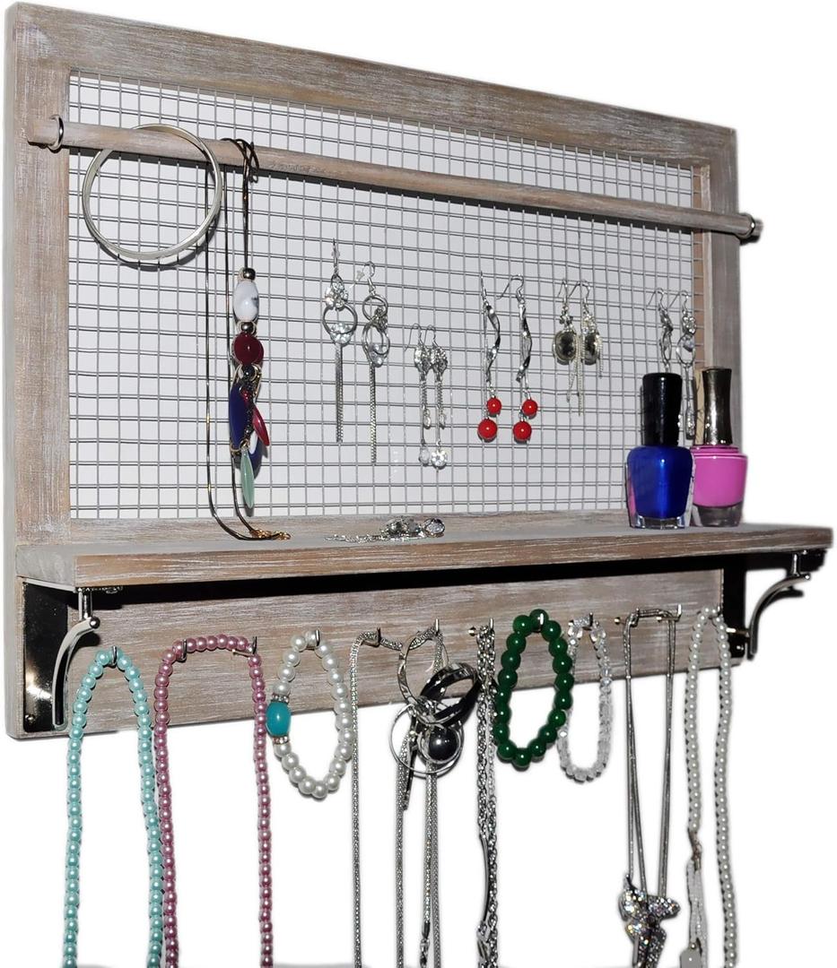 Spiretro Jewelry Organizer, Wall Mount Jewelry Holder Rack with Hooks Shelf and Removable Rod, Hanging Earrings Necklaces Bracelets Rings, Storage Accessories, Rustic Wood_Grey