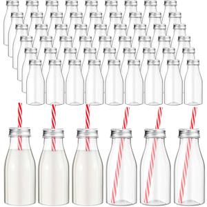 Yinkin 60 Sets Plastic Milk Bottles with Straws Bulk Reusable Beverage Containers for Birthday Baby Shower Party with Metal Lids Straws for Milk Juice Smoothies (8 oz,Red,White)