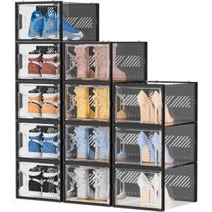Shoe Storage, 12 Pack X-Large Shoe Organizer for Closet, Shoe Boxes Clear Plastic Stackable Shoe Storage Boxes for Size 13 (Black)
