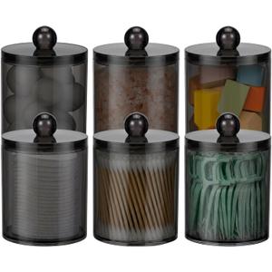 6 Pack Acrylic Qtip Holder Dispenser for Cotton Swabs, Balls, Pads, Floss Picks- Clear Plastic Canister Apothecary Jar Set, Bathroom Essentials Accessories Decor Vanity Makeup Storage Organizer -Black