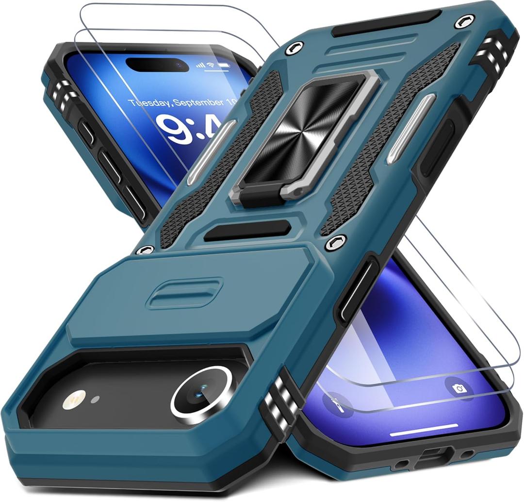 DEERLAMN Case for iPhone Air 6.5-Inch with Slide Camera Cover+Screen Protector(2 Packs), Rotated Ring Kickstand Military Grade Shockproof Protective Cover-Light Blue