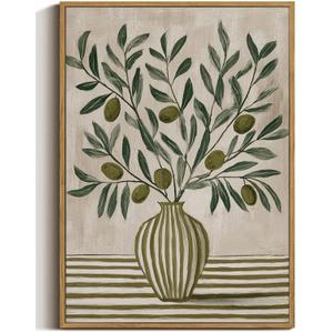 XJYISUO Vintage Framed Wall Art Olive Branch Canvas Art Botanical Pictures Wall Decor Rustic Paintings Farmhouse Artwork For Kitchen Dining Room Living Room, 24"L x 16"W