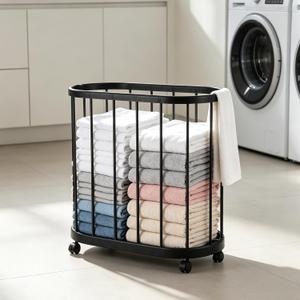 Floor Laundry Hamper with Wheels, Modern Laundry Basket Rolling Storage Dirty Clothes Basket with Handle Metal Clothes Hamper Organizer for Laundry Room Bathroom Bedroom Dorm, 23.6" x 22.8" x 11.8"