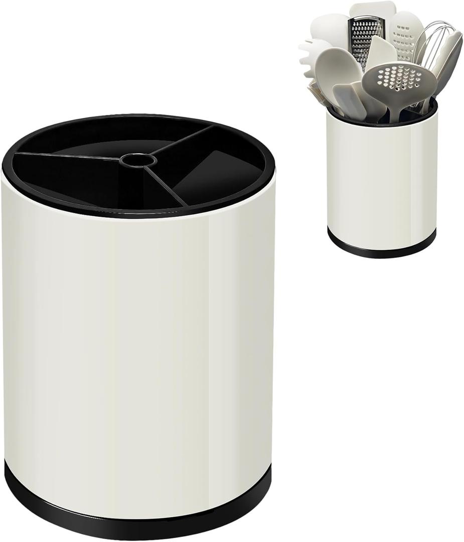 Stainless 360 Rotating Kitchen Utensil Holder,Large Counter Utensil Caddy, Cooking Spoon Stand Spatula Cutlery Metal Utensil Canister Tool Silverware Holder Rack For Countertop (Off-white)