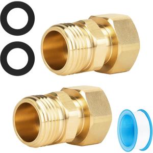 Garden Hose Swivel Connector,3/4 GHT Female to 3/4 Male Water Hose Adapter for 180 - 360 Swivel Faucet Brass Fittings - 2 Pack + PTFE Leak Proof Tape + Washer