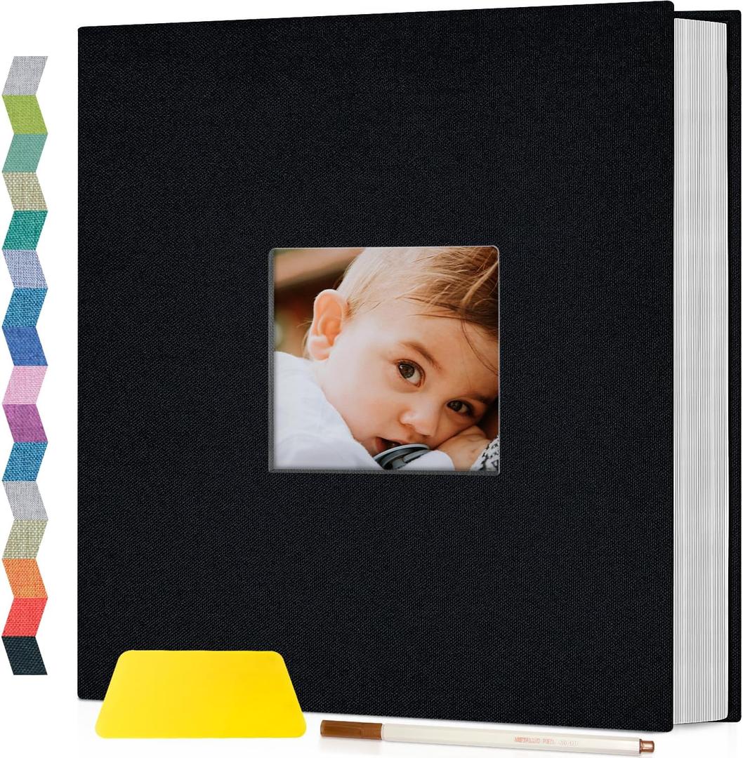 Popotop Photo Album Self Adhesive with Picture Display Window, 60 Pages DIY Scrapbooking Supplies Kit for 4x6 10x12 Picture, Linen Cover Memory Book for Baby Wedding, with Scraper and Metallic Pen (Black)