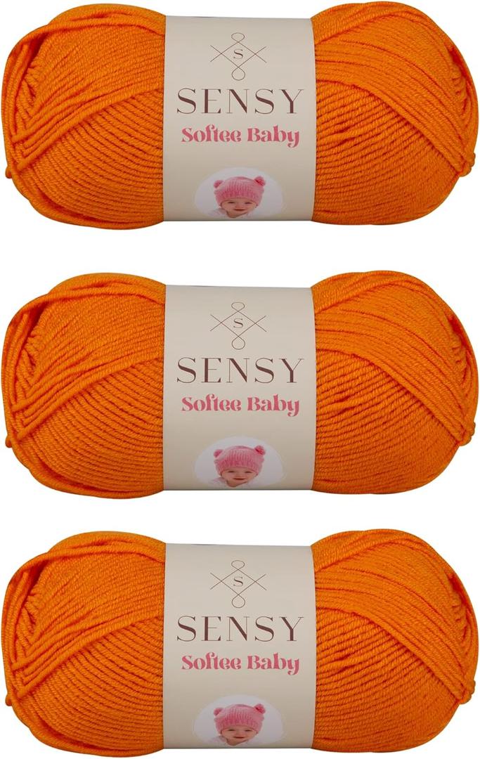 3 Skeins of Sensy Softee Baby Yarn, 3.5 oz, 275 Yards, Gauge 3 Light (Orange Peel)