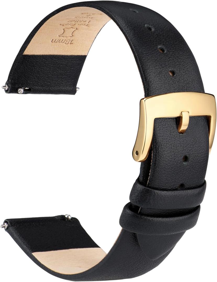 Leather Watch Bands Quick Release Watch Straps, Elegant & Ultra-Soft Top Grain Leather Watch Band for Women Men, Choice of Color & Width - 12mm 14mm 16mm 18mm 20mm 22mm for Watch & Smartwatch (Black (Gold Buckle))