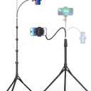 Aureday Phone Tripod, 92" Cell Phone Stand with 15" Gooseneck, Remote and Phone Holder, Overhead & Selfie Stick for Recording/Watching/Vlog, Compatible with iPhone Android (Black)