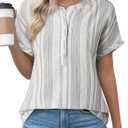 Astylish Womens Striped Henley Neck Linen Shirt Casual Button Down Cap Sleeve Blouse Tops (S)