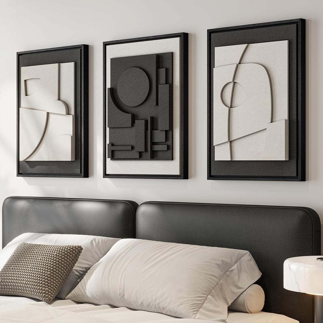 3D Textured Framed Black and White Abstract Wall Art for Bedroom, 3 Piece Modern Paintings Artwork for Walls, Minimalist Black White Geometric Pictures for Living Room, Dining Room Wall Decor 16x24 In
