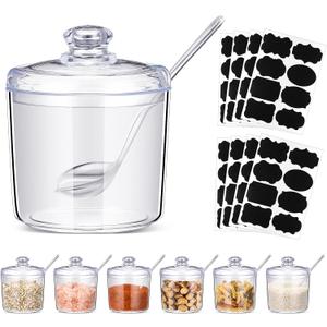 Tioncy 6 Pcs Ice Cream Bar Supplies Sugar Bowls with Lid and Spoon Acrylic Candy Dispenser Party Bar Hot Cocoa Sundae Caramel Apple Dipping Container with Tag (13oz,Clear)