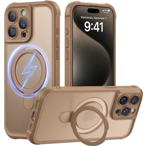 MOCCA Design for iPhone 15 Pro Case with Magnetic Invisible Stand [Full Camera Protection] [Compatible with Magsafe] Military Drop Shockproof Translucent Matte Phone Case Cover 6.1",Brown