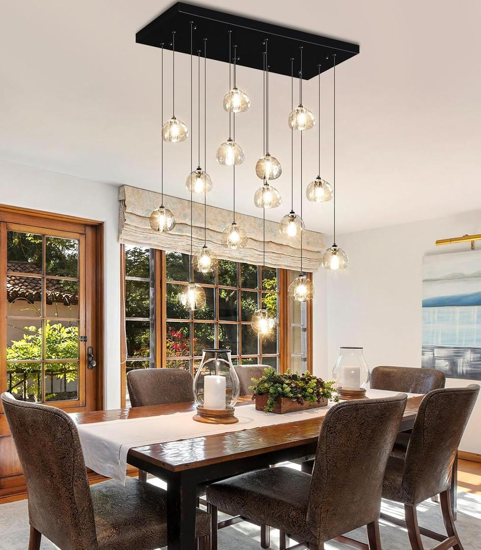 W27.6 x D11.8 x H118 Rectangular Glam Chandelier Bubble Crystal Ceiling Pendant Lights Dimmable High Ceiling Chandeliers Fixtures Adjustable Long Lights Black