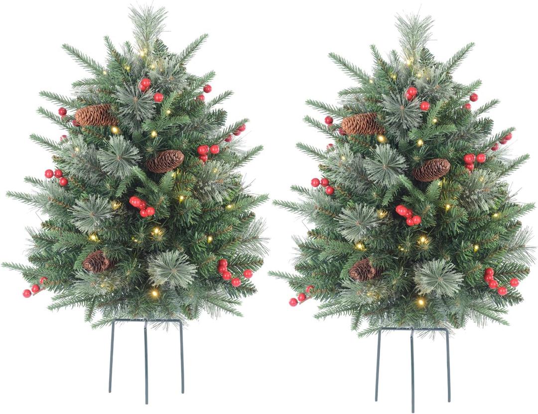 30 Inch Outdoor Prelit Christmas Tree 2 Pack, Battery Operated Small Xmas Tree 100 LED Lights, for Entrances Tabletop Ornaments for Porch Driveway Yard Garden Green