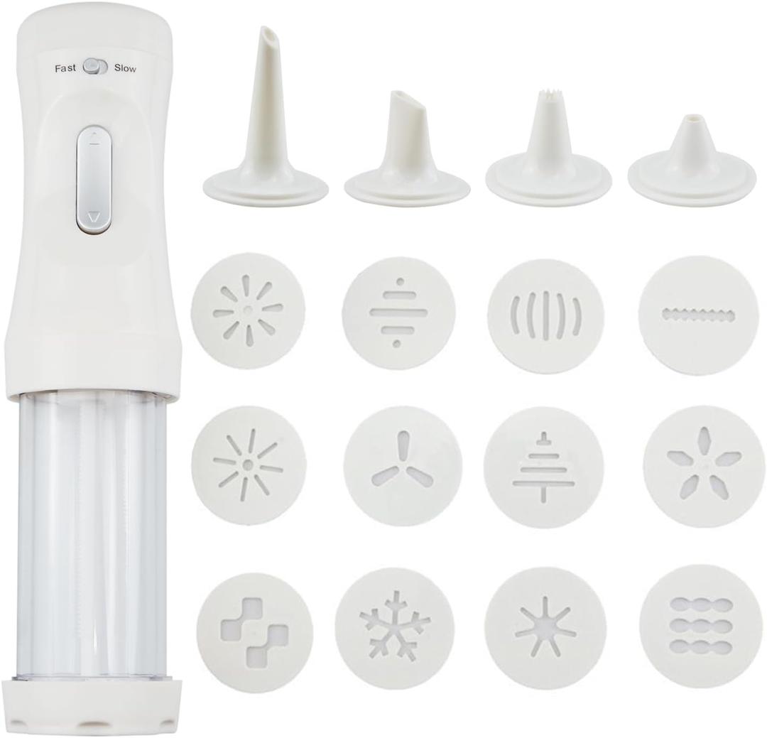 Electric Cookie Press, DIY Cookie Maker Set with 12 Molds and 4 Decorating Nozzles Electric Cookie Decorating Tool for Cake Dessert DIY Maker and Baking Decoration Supplies