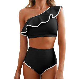 Herseas Women's One Shoulder Bikini Sets Color Block Trim Ruffle Hem Swimsuits Elegant Bathing Suits (Large, Black)