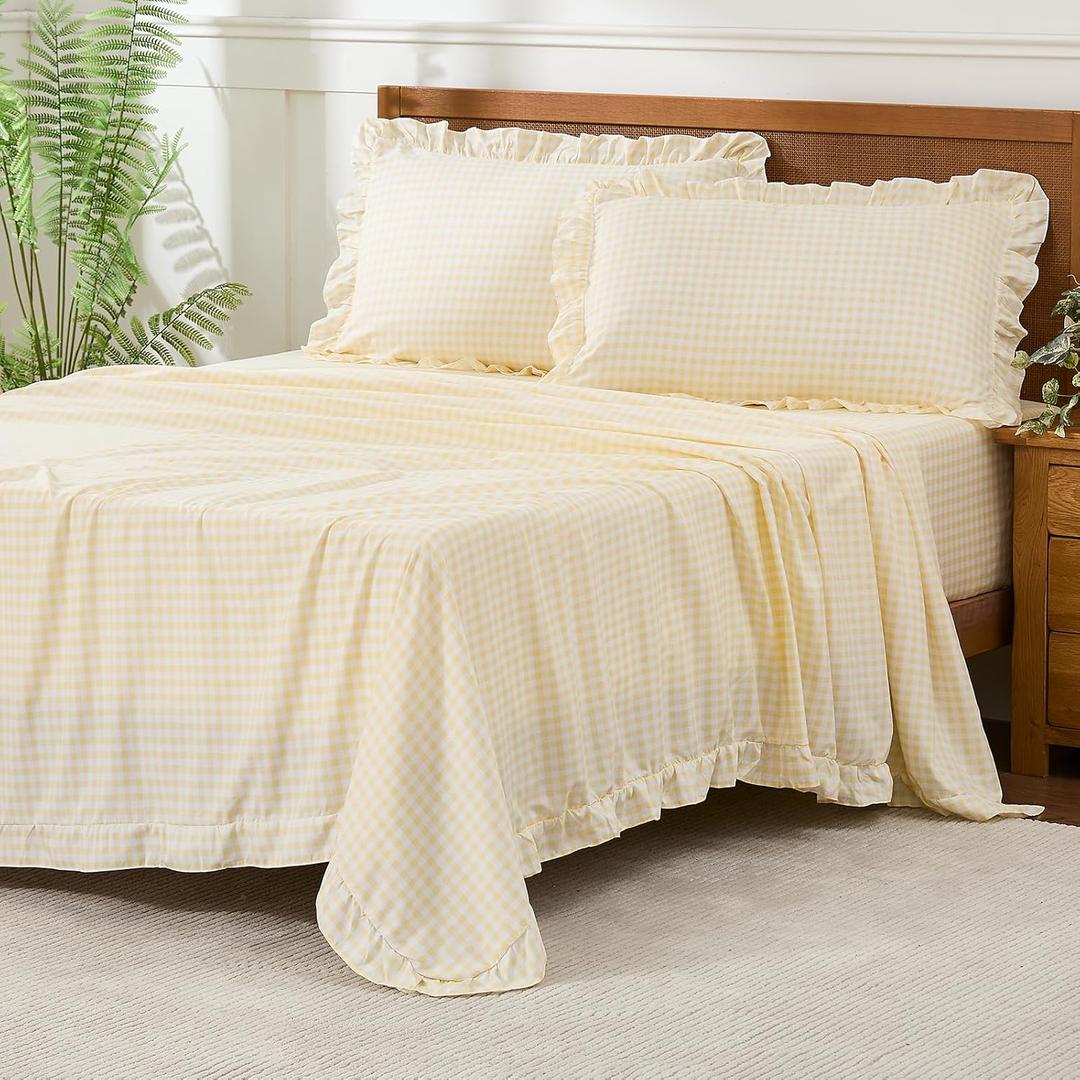 Gingham King Sheet Set, Lightweight Super Soft Brushed Microfiber Plaid Bed Sheets with 16" Deep Pocket, 4 Piece Ruffle Farmhouse Bedroom Decor, Yellow
