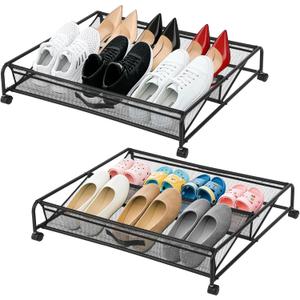 Under Bed Shoe Storage Organizer, 2-Pack Metal Mesh Storage Drawers with Wheels  Rolling Underbed Shoe Organizer for Space Saving Bedroom Organization (Black)