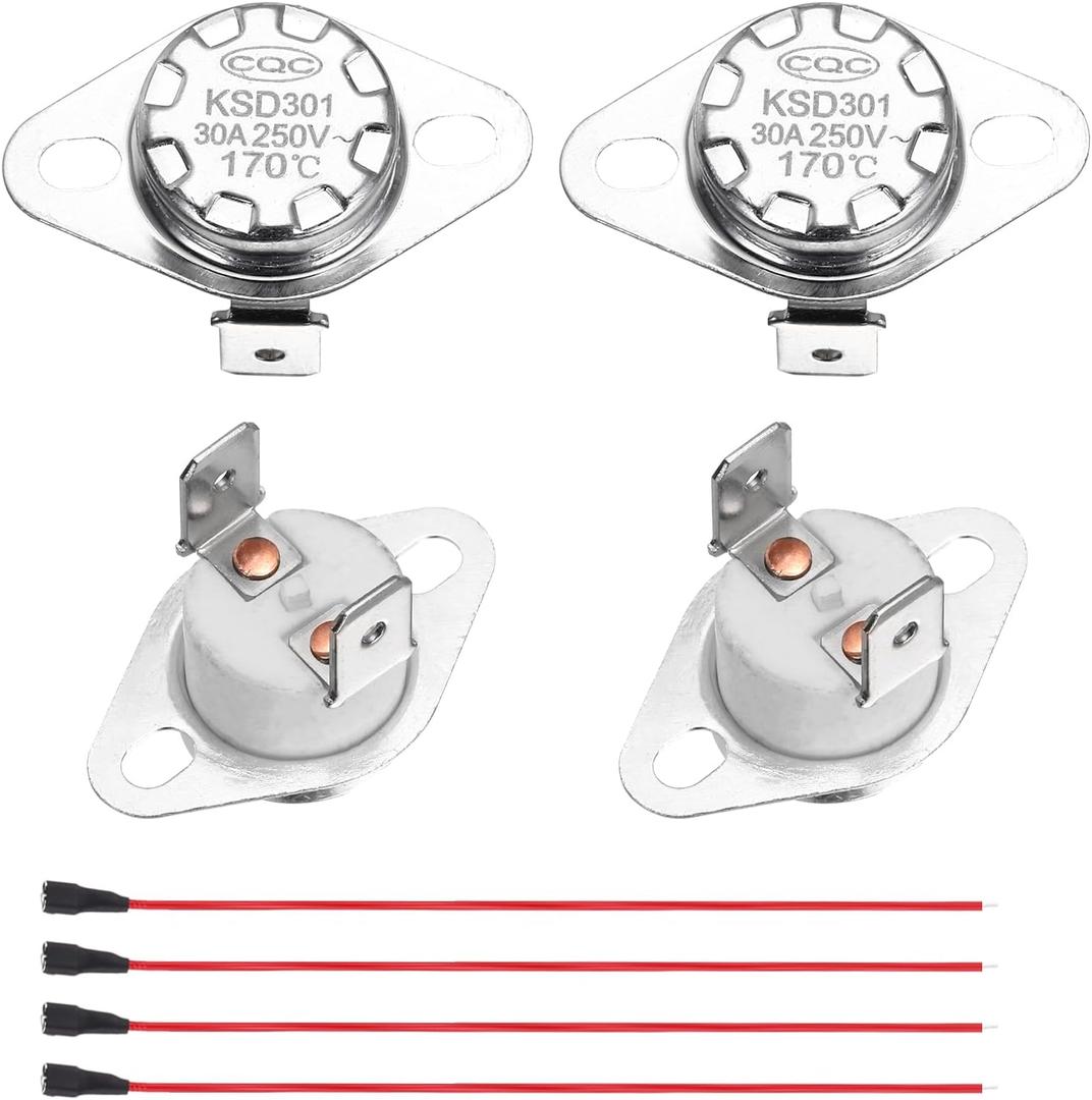 Uxcell 2 Pcs KSD301 Thermostat 170C/338F 30A Normally Closed N.C Adjust Snap Disc Temperature Switch with Terminal Wire for Microwaves,Oven,Coffee Maker,Ceramic Material