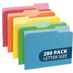 200 Blue Summit Supplies Colorful File Folders with Tabs, Multi Colored File Folders Letter Size, 1/3 Cut Tabs, Assorted Colors, Durable 11pt Paper, Bulk 200 Pack