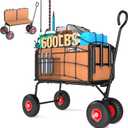 3 in 1 Beach Fishing Cart, Heavy Duty Garden Carts w/All Terrain Inflatable Tires, Folding Wagon Cart, Convert to Chair or Bench with Cushion, Rod Holders and Durable Oxford Bag (Tan)