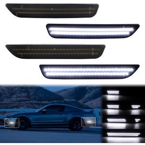 Dynamic Sequential White LED Side Marker Lights for Ford Mustang 2010 2011 2012 2013 2014 Front Rear Bumper Reflector Indicator Assembly, Smoked Lens