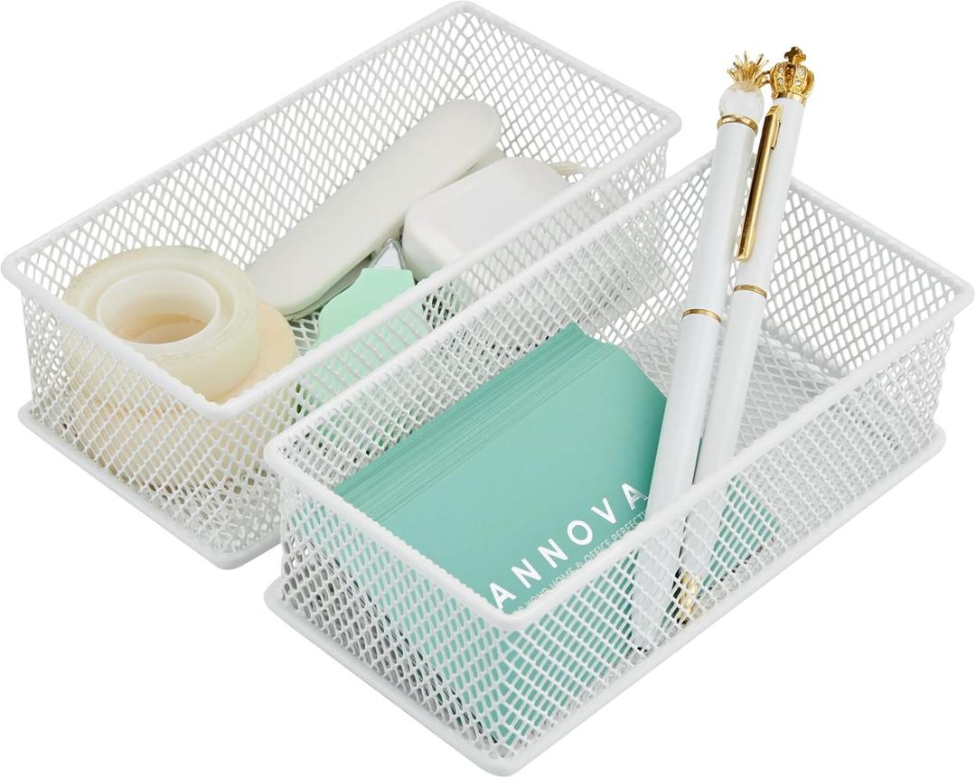 Annova Mesh Stackable Drawer Cabinet and Shelf Organizer Bins Storage Basket School Office Supply Holder Tray- Set of 2 (White, 3x6x2 Inch)
