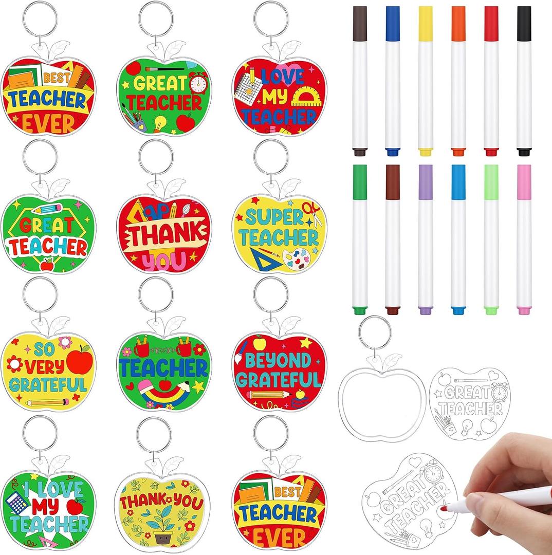 Cunno 36 Pcs End of School Year Teacher Appreciation Gifts Bulk, Teacher Keychain Craft Kit, DIY Apple Coloring Set for End of School Year, Staff Recognition & Educator Favors