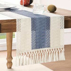 ZeeMart Macrame Style Bicolor Stitching Table Runner, 14 x 60 Inch Blue/Ivory, Boho Blue Table Runners 60 Inches Long, Farmhouse Woven Home Decor