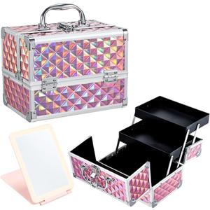 Faquenc Makeup Case with Lighted Mirror Travel Makeup Organizer Box 2 Trays Lockable Cosmetic Train Case with Movable LED Mirror for Girls Make Up Nail Kits Sewing Vanity Storage Case Shiny Pink