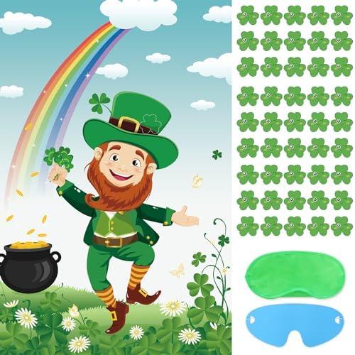 St. Patrick's Day Games, Pin The Shamrock on The Hat with 45 Pcs Shamrock Stickers, Large Green Leprechaun Party Games Poster for Kids St. Patrick's Day Party, Birthday Party Decoration Supplies