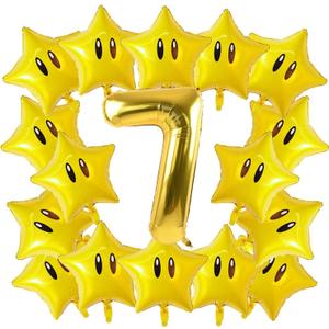 16PCS Foil Star Balloons, Star and 40Inch Number 7 Foil Balloons For Game Theme 7th Birthday Party Decorations Children Party Supply Party Decor 7th