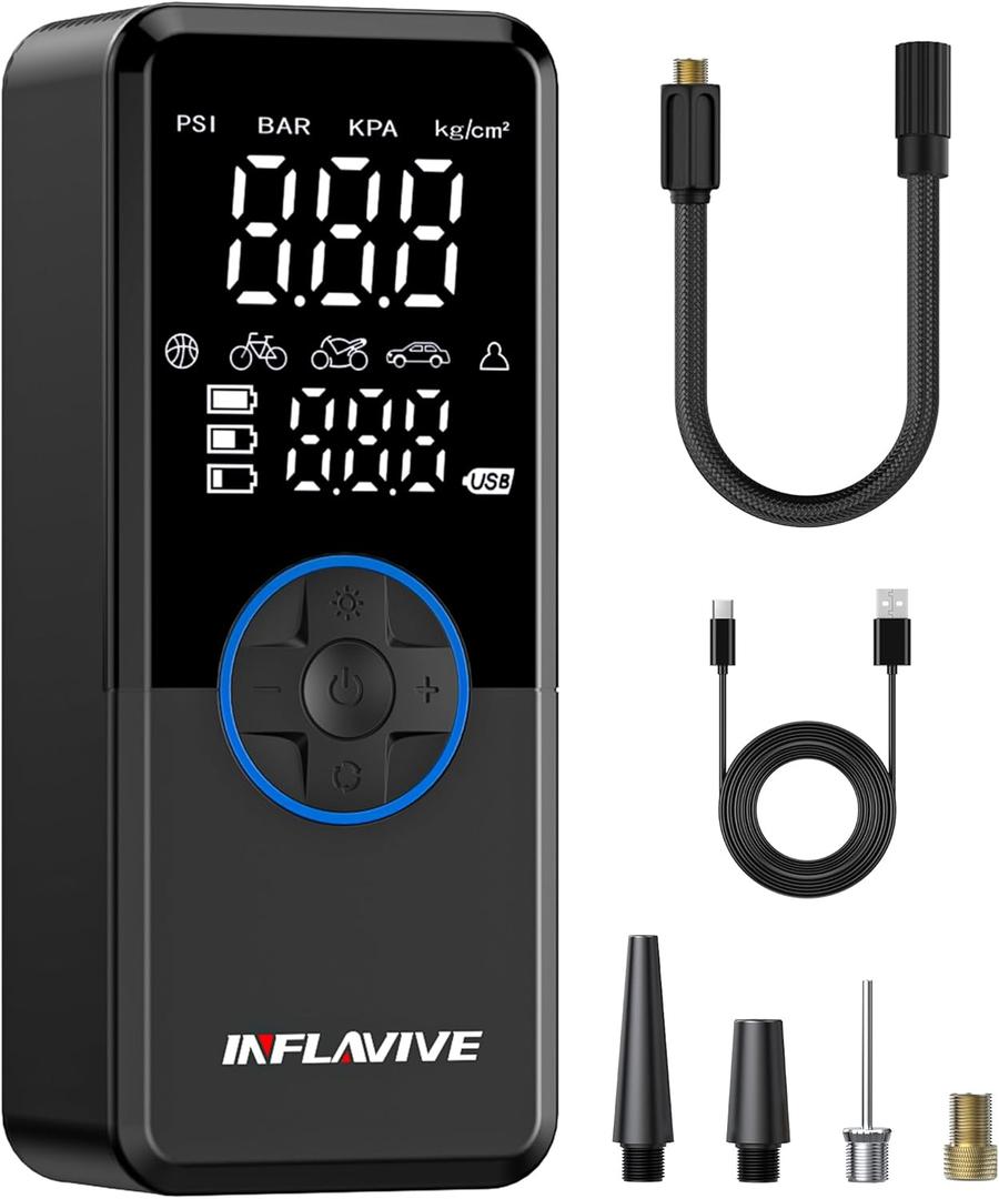 Tire Inflator Portable Air Compressor, Cordless Air Pump for Car Tires with Pressure Gauge, Battery & 12V DC Dual Power Bike Tire Pump, 150PSI Portable Tire Inflator for Car, Motorcycle, Bicycle, Ball (Blue)