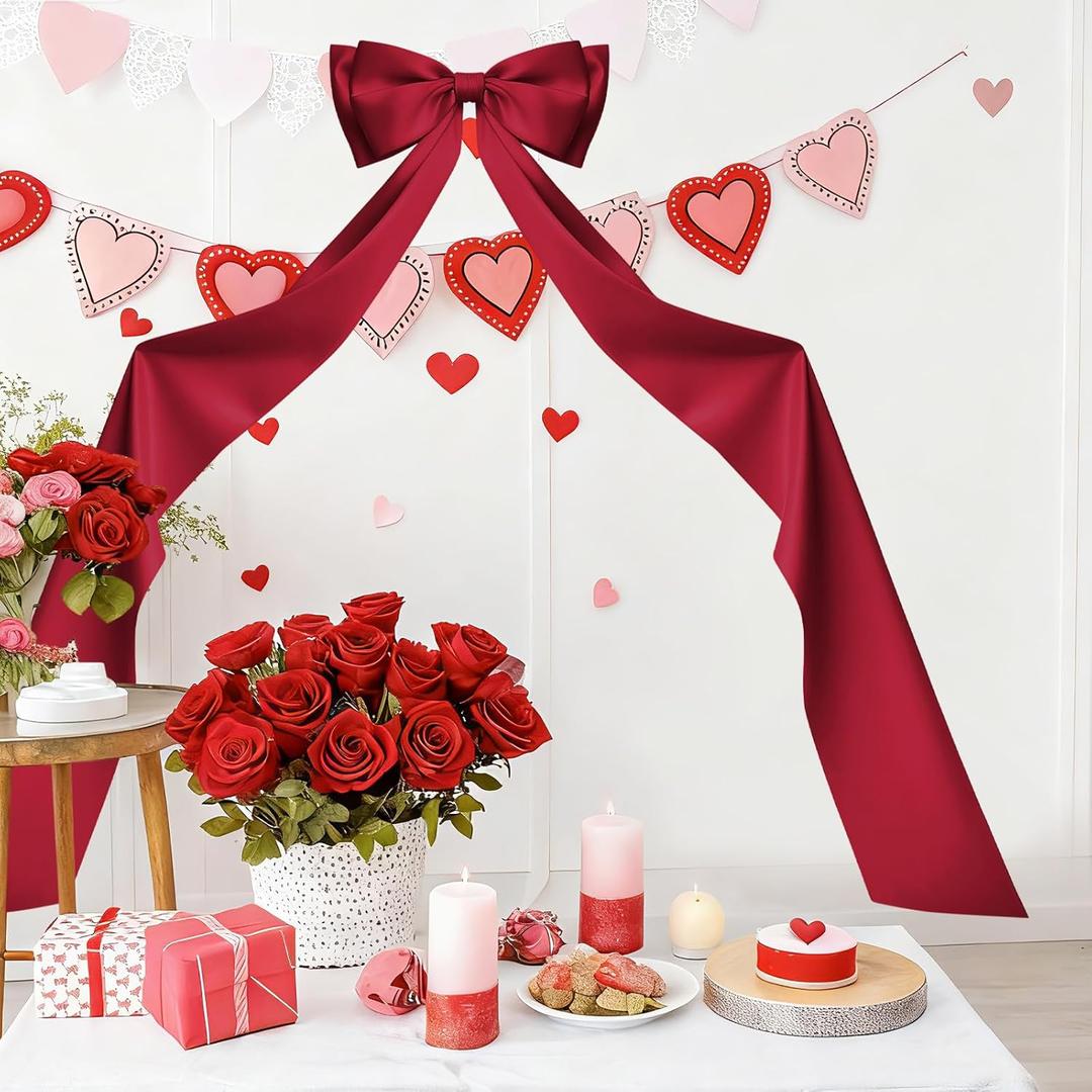 Large Satin Bow Decoration Giant Wall Bows for Backdrop Big Bows Themed Room Decorative Decor Wedding Baby Shower Bridal Burgundy (75x18 Inch)