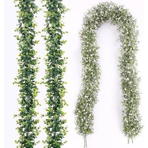 4PCS Faux Eucalyptus Garland Plant, Artificial Baby Breath Flower Vines Hanging Leaves Vines Hanging Leaves Greenery Wedding Backdrop Arch Wall Decor, Indoor Outdoor 5.8 Ft White & Green