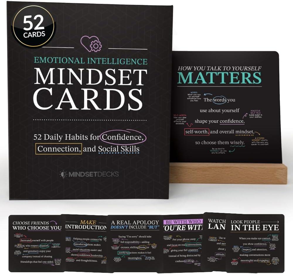 Emotional Intelligence Mindset Cards – 52 Card Deck for Connection & Social Skills – for Kids, Teens & Adults – Includes Wooden Display Stand, Gift for Teachers and Parents