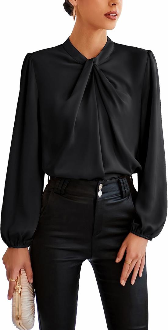 GRACE KARIN Women's Long Sleeve Shirts Mock Neck Casual Satin Blouse Tops for Business Office Work (X-Large, Black)