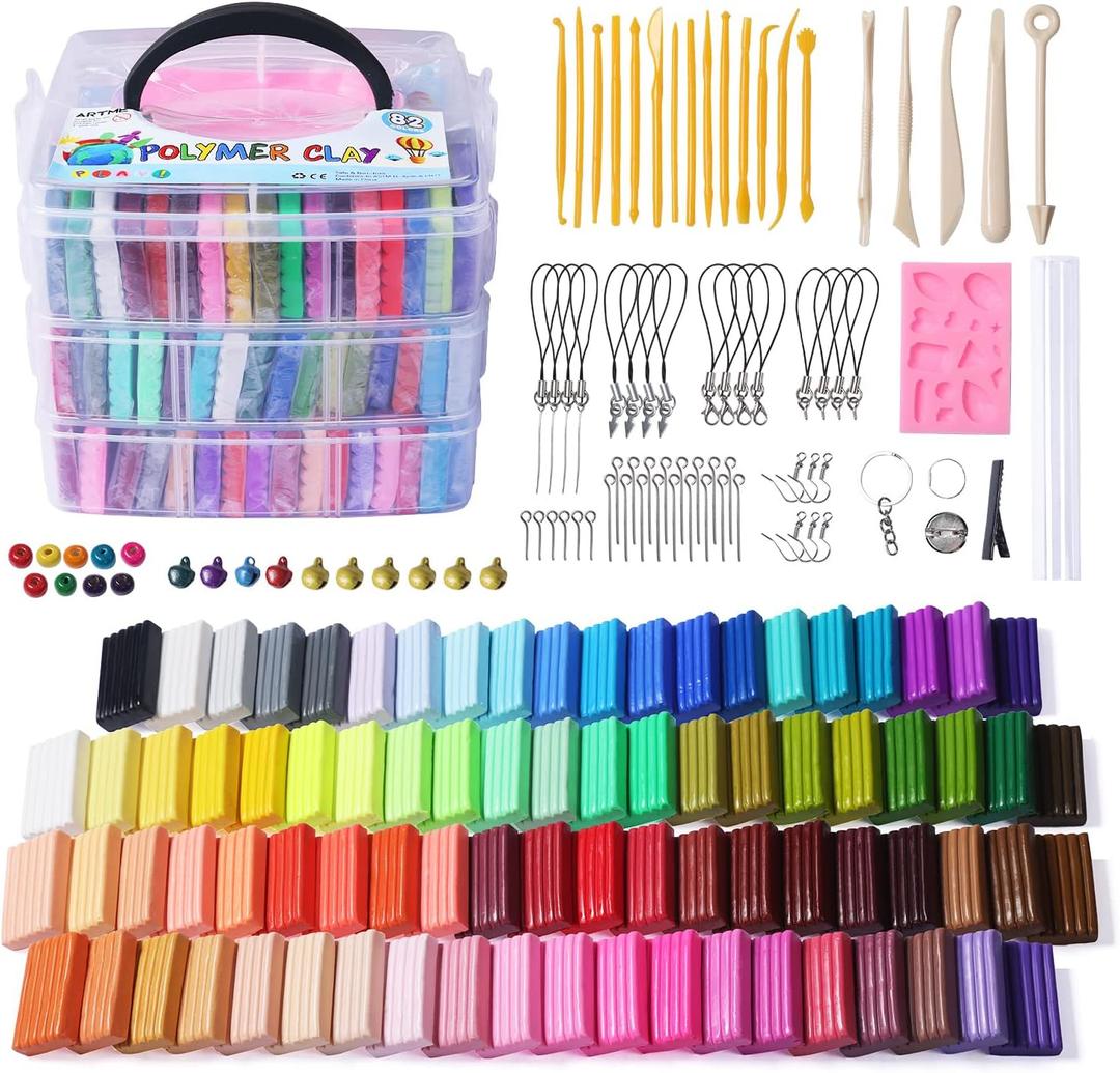 Polymer Clay, ARTME 82 Colors Clay Kit, Oven Bake Modeling Clay, Creative Polymer Clay Kit with Sculpting Tools and Jewelry Accessories, Non-Toxic, Ideal DIY Clay Gifts for Adults and Teens