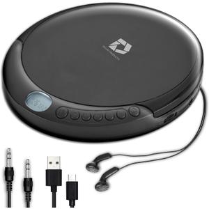 CD Player Portable with 60 Second Anti Skip, Stereo Earbuds, Includes Aux in Cable and AC USB Power Cable for use at Home or in Car