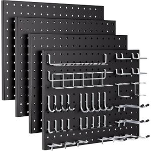 INCLY 70PCS Pegboard Wall Organizer, 4PCS Metal Peg Board Panels with 66PCS 1/4" Pegboard Hooks Accessories Kit, Black Peg Board for Walls Home, Garage Tool Storage, Workbench Organization