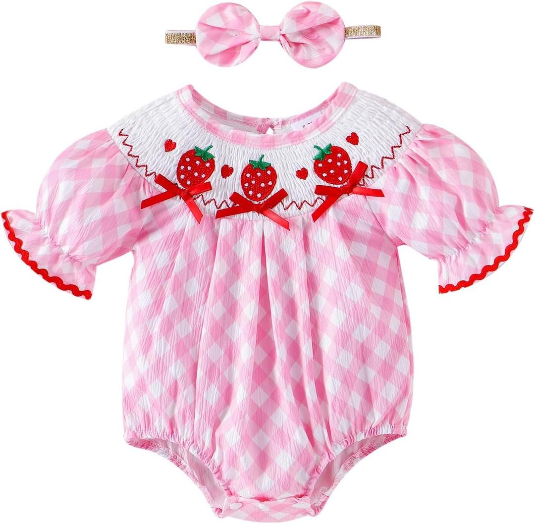 Baby Girl Clothes Smocked Romper Newborn Plaid Short Sleeve Bubble Bodysuit + Bow Headband Summer Outfits 12-18 Months
