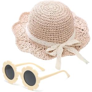 Girls Straw Hat with Flower Round Sunglasses, Summer Foldable Large Brim Sunflower Bowknot Beach Toddler Straw Sun Hat, 2-6T