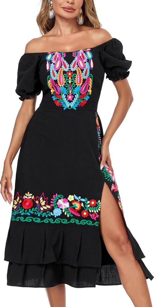 YZXDORWJ Mexican Dress for Women Boho Embroidered Sexy Ruffle Maxi Dress Short Sleeve Summer Beach Wedding Party Dress (Large, 526bk)