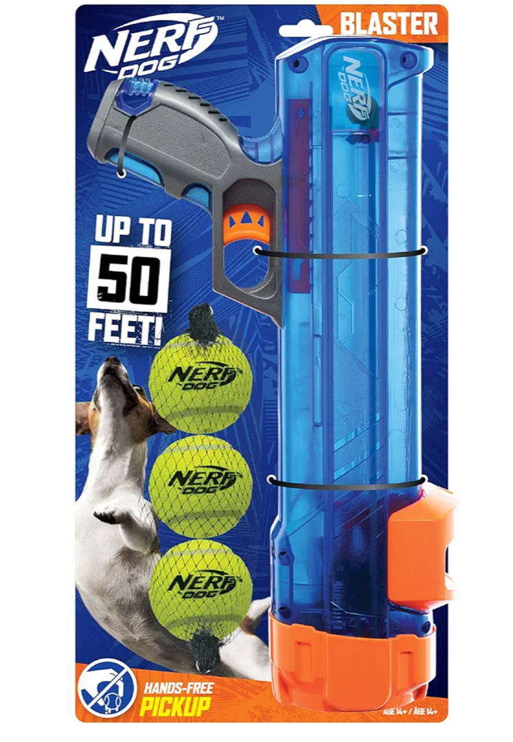 Nerf Dog Tennis Ball Blaster Dog Toy Gift Set, Tennis Ball Dog Fetch Toy Launches up to 50 ft, Dog Ball Thrower for All Breeds Includes Translucent Blue Tennis Ball Launcher and 3 Dog Tennis Balls